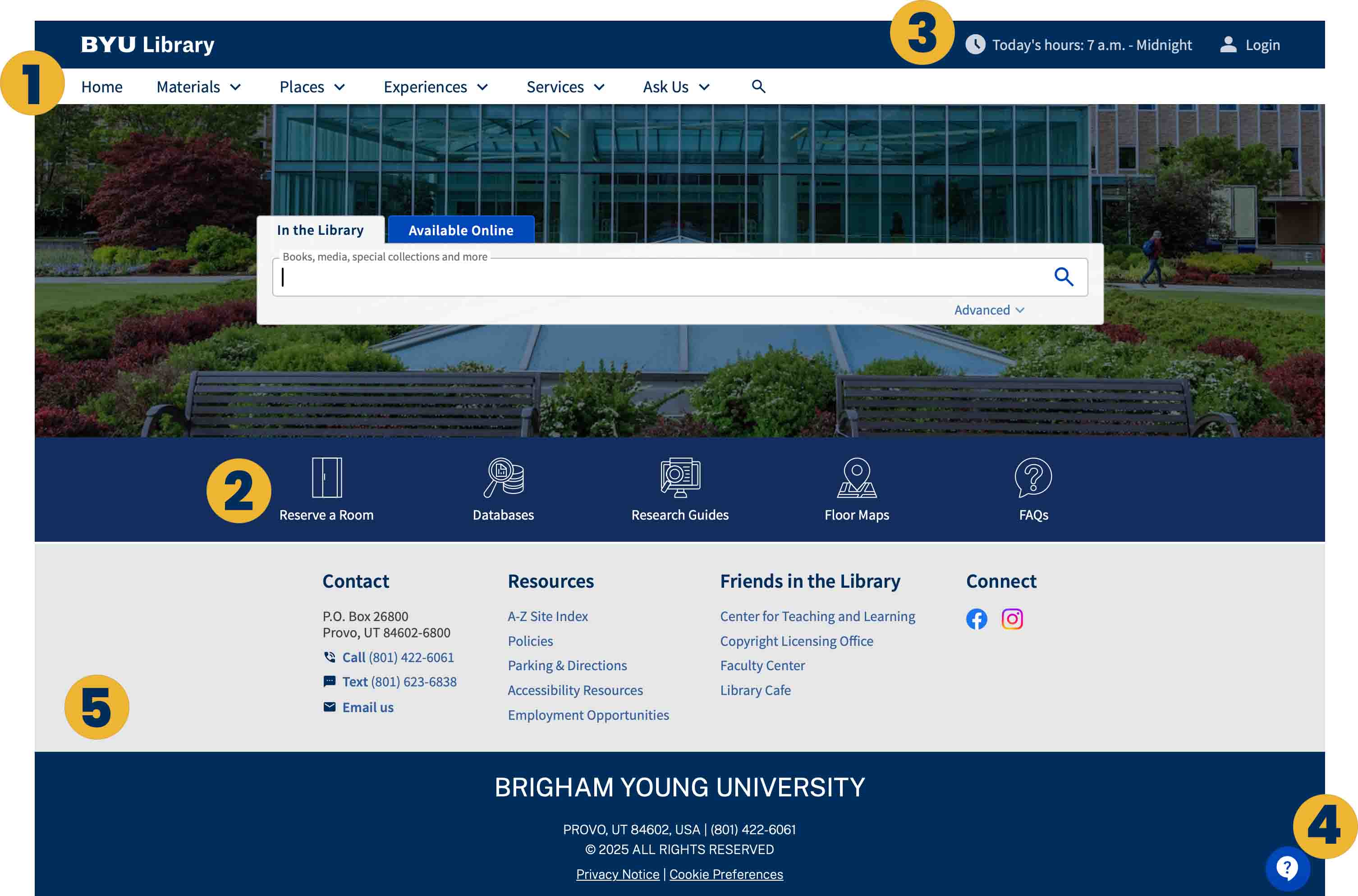 Library home page with 5 markers. These markers are used to indicate the key new changes